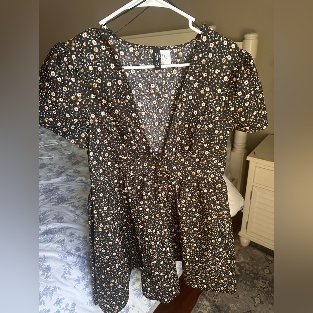 Divided Black Floral Deep V Dress